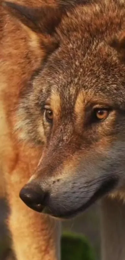 Close-up of a majestic wolf on a vivid nature background.