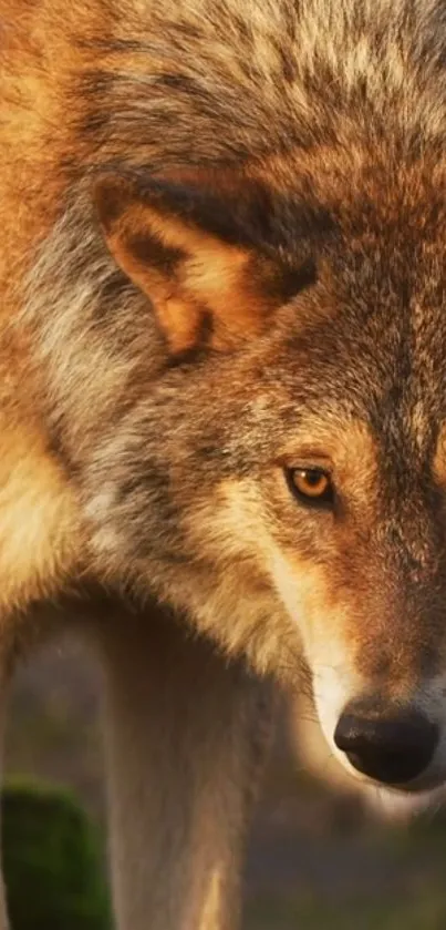 Majestic wolf close-up in nature setting.