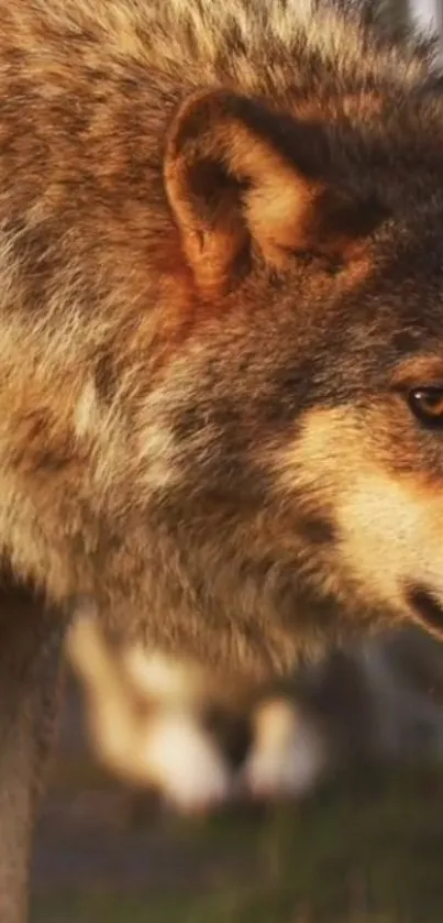 Close-up image of a majestic wolf in natural setting.