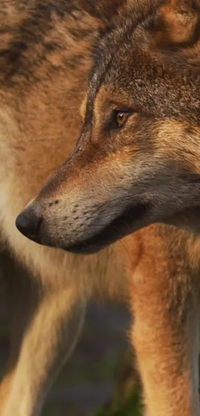 Close-up of a majestic wolf in a natural setting with detailed fur texture.