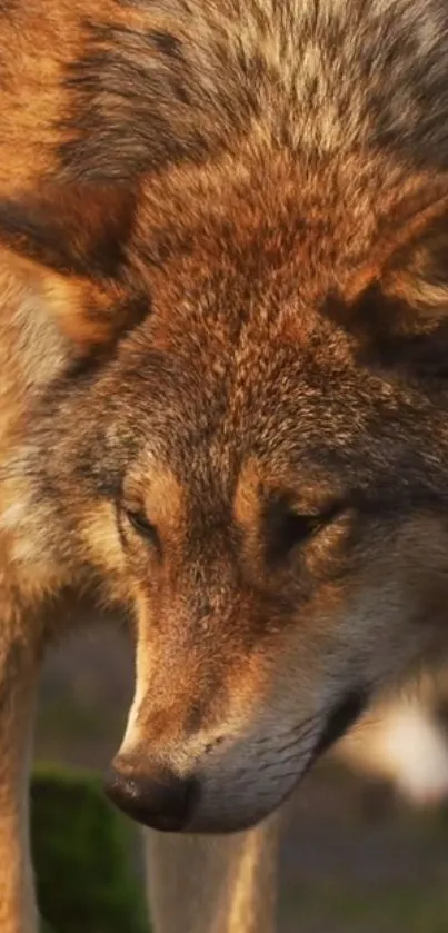 Close-up of a majestic wolf in natural setting for mobile wallpaper.