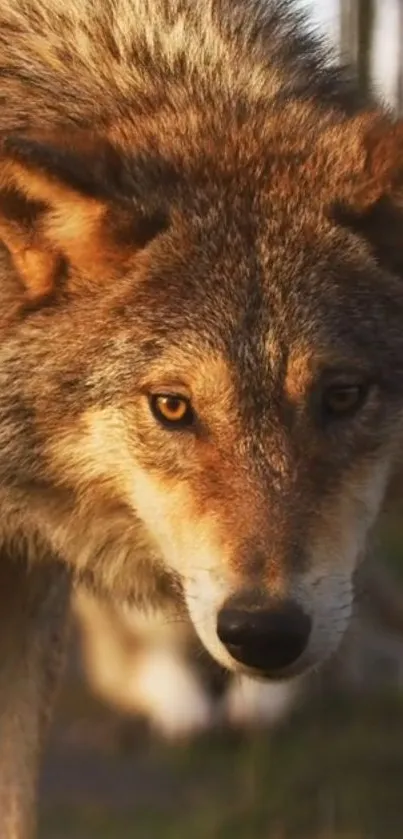 Close-up of a majestic wolf gazing intensely in natural light.