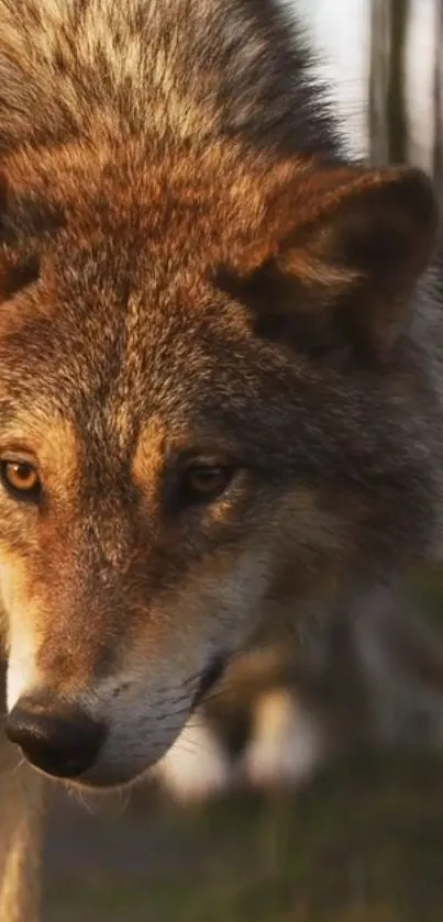 Close-up image of a majestic wolf in natural light, depicting wilderness.