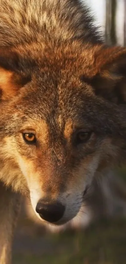 Close-up of a majestic wolf with golden-brown fur and piercing eyes.