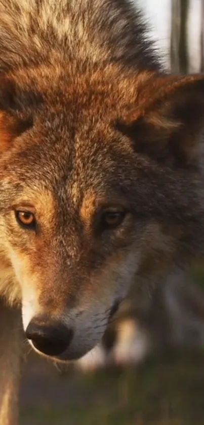 Close-up of a wolf with intense gaze in a natural setting.