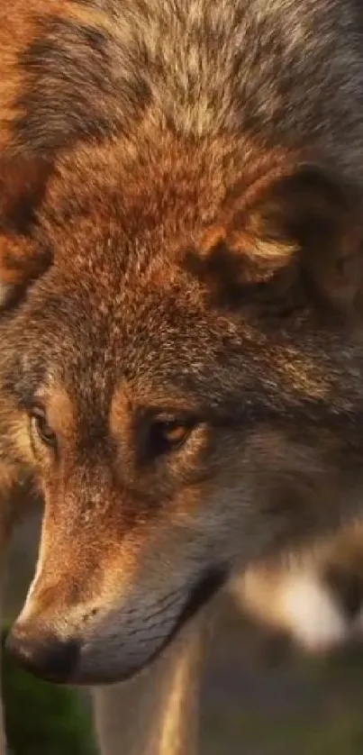 Close-up image of a majestic wolf with brown fur looking intently.