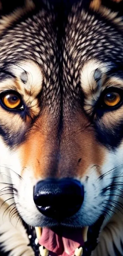 Close-up of a majestic wolf with detailed fur and intense amber eyes.