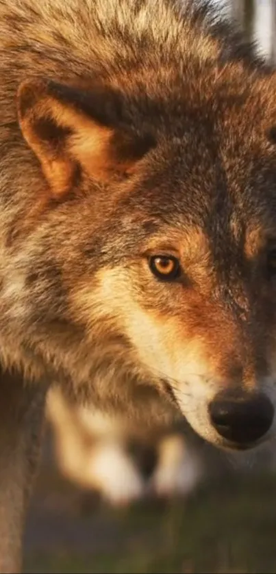 Closeup of a majestic wolf with intense gaze in natural light.