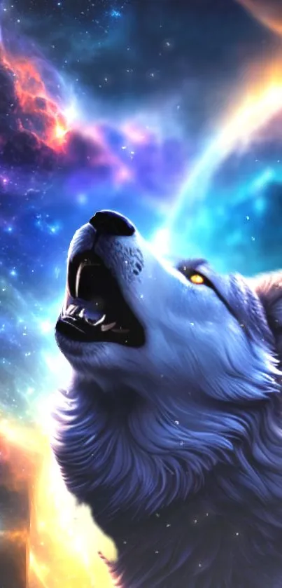 Wolf howling against a cosmic galaxy backdrop, full of vibrant colors.