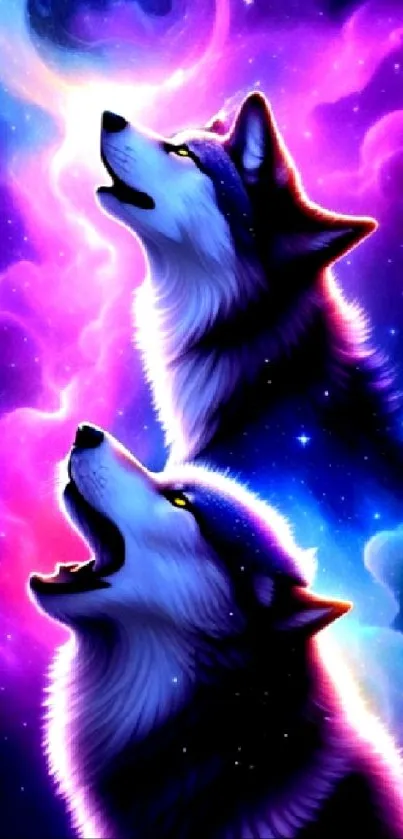 Two wolves howl under a cosmic purple sky with stars.