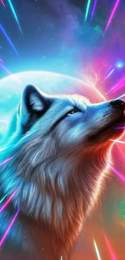 A majestic wolf looks up against a vibrant cosmic background.