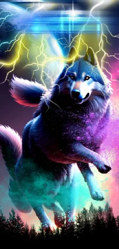 Vibrant cosmic wolf with electric sky and galaxy backdrop.