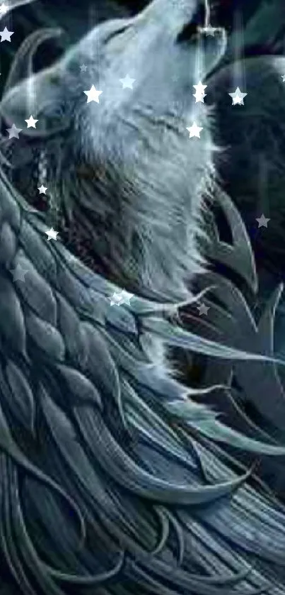 Majestic wolf with wings in dark fantasy wallpaper.