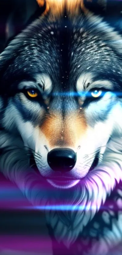 Majestic wolf with bi-colored eyes digital wallpaper.