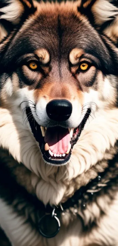 Close-up of a wolf-dog with striking eyes in a forest.