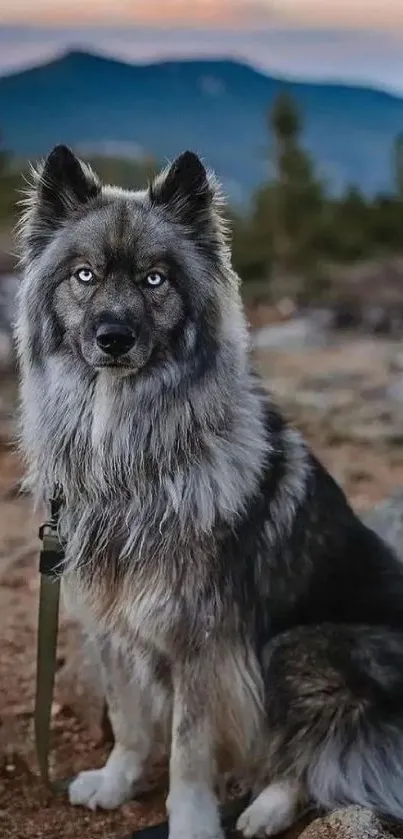 Majestic wolf-dog in a scenic mountain landscape.