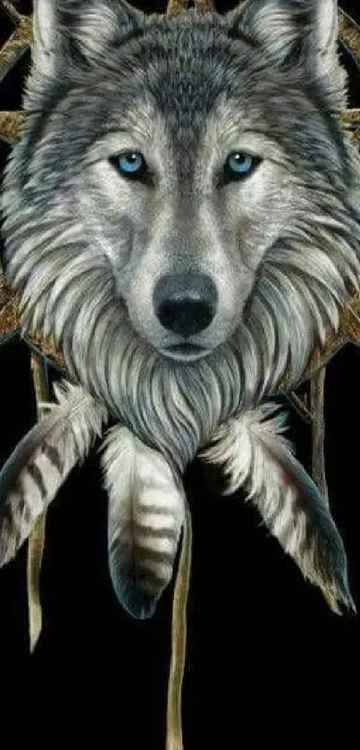 Majestic wolf dreamcatcher with feathers on dark background.