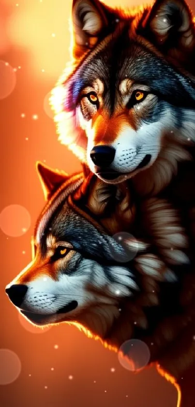 Majestic pair of wolves in a sunset background, perfect for mobile wallpaper.