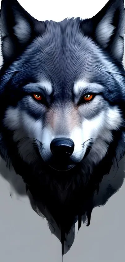 Detailed wolf face with piercing eyes on mobile wallpaper.