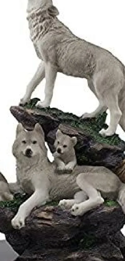 Gray wolf family sculpture on rocky terrain with nature details.