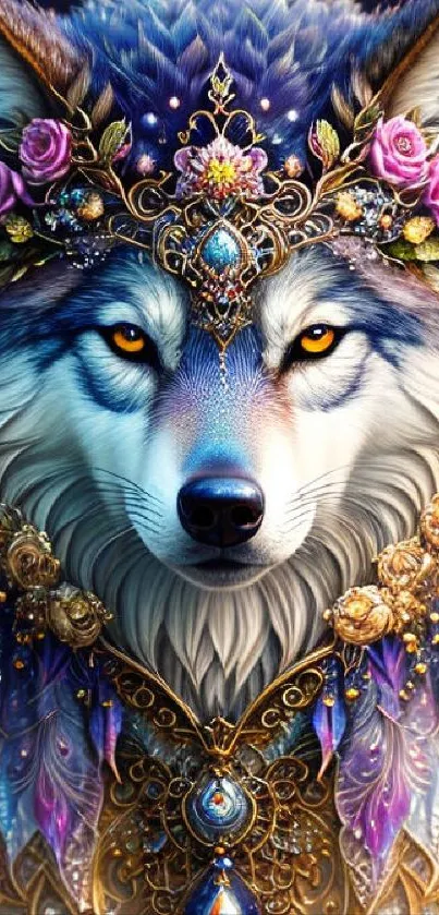 A majestic wolf with floral and jeweled adornments in a fantasy art style.