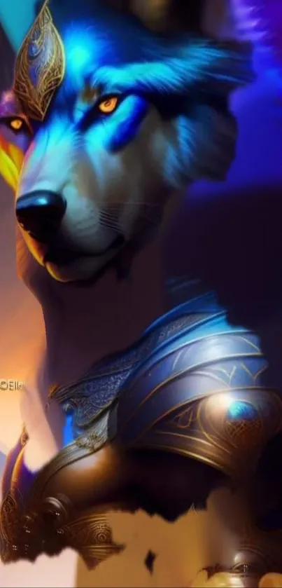 Fantasy wolf in armor with blue and orange hues.