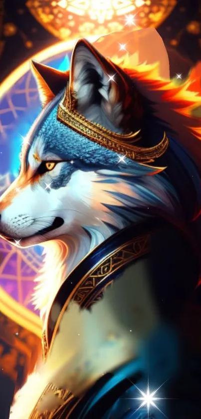 Majestic wolf in detailed fantasy art with vibrant colors.