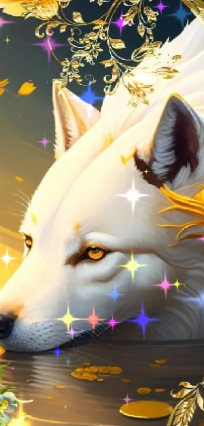 Majestic white wolf with golden accents on fantasy background wallpaper.