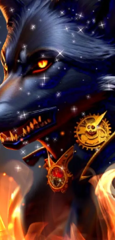 Majestic wolf with fiery accents and sparkling effects in a fantasy artwork.