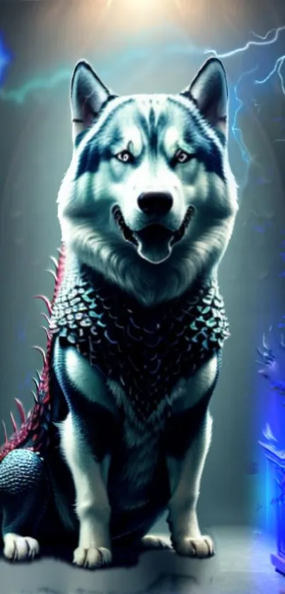 Majestic wolf in fantasy art with blue and silver hues and mystical elements.