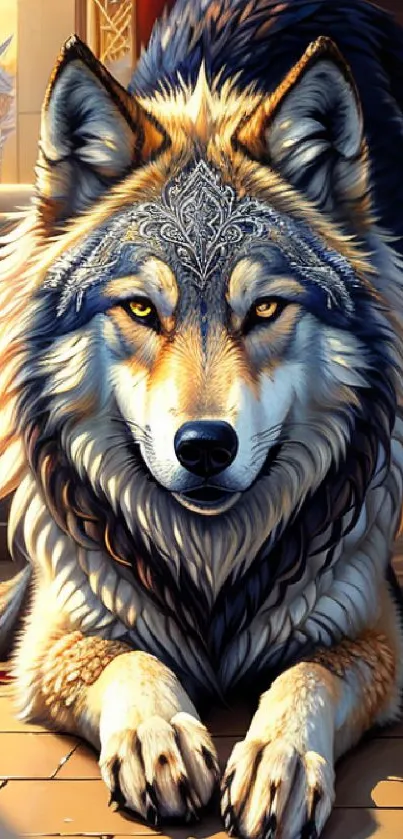 Illustrated majestic wolf in fantasy setting wallpaper.