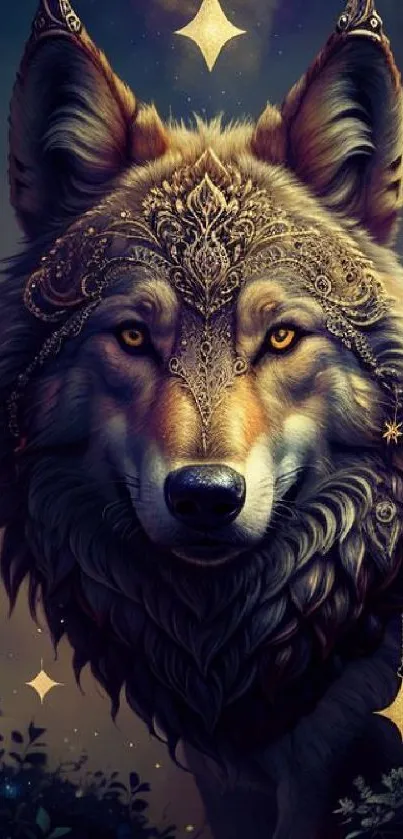 Mystical wolf adorned with ornate jewelry under a starry sky.