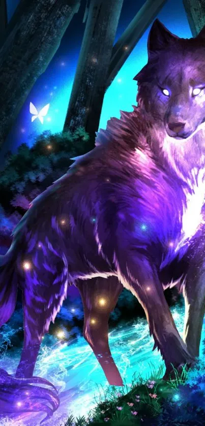 Fantasy wolf with glowing eyes in a vibrant forest.