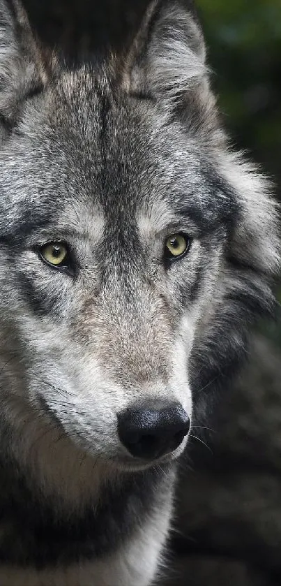 A majestic wolf stands alert in a tranquil forest setting.