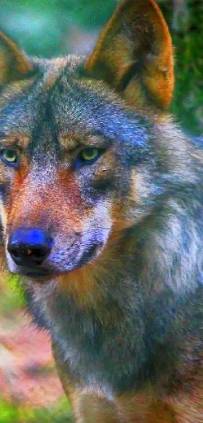 Wolf standing in a lush, green forest.
