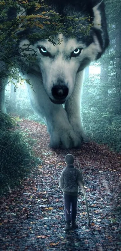 Child walking down a forest path towards a giant, ethereal wolf.