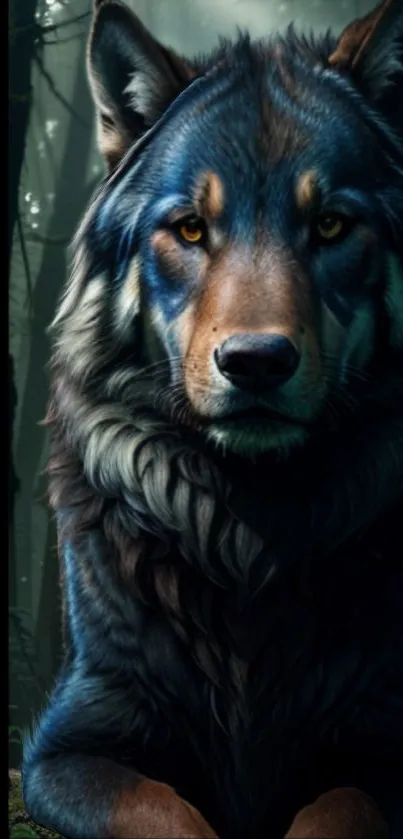 Majestic wolf in forest wallpaper, dark cyan theme.