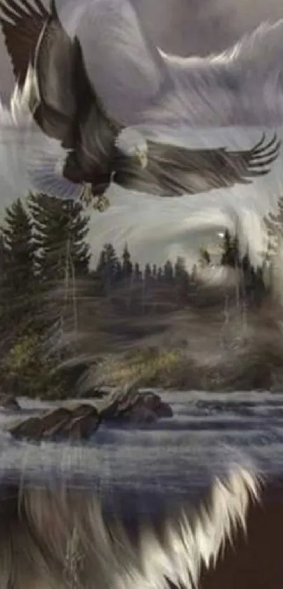 Majestic wolf and eagle in misty forest wallpaper.