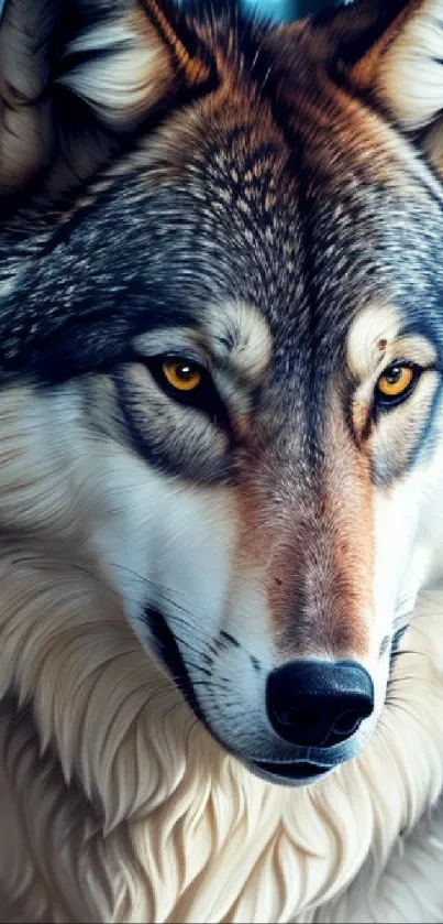 Majestic wolf in a serene forest setting mobile wallpaper.