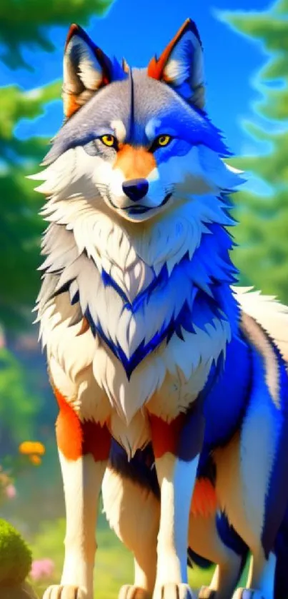 A majestic wolf stands in a vibrant, colorful forest scene.