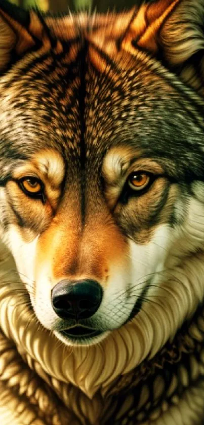 Majestic wolf in a forest scene with lush green background.