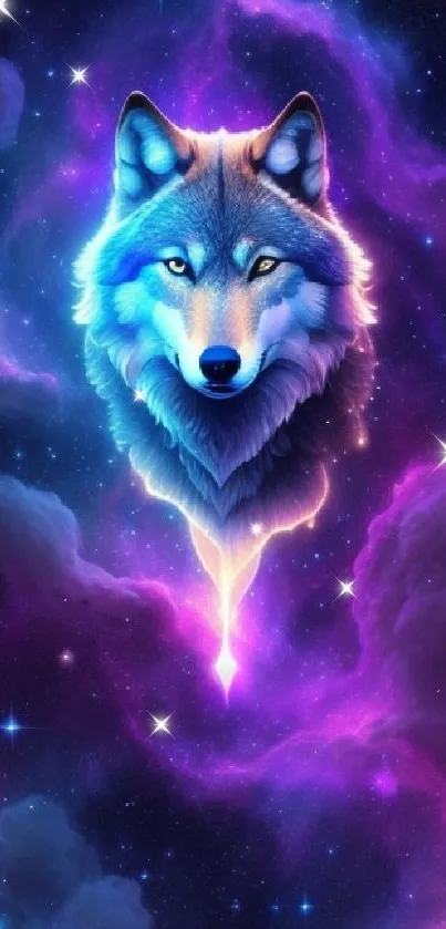 Majestic wolf surrounded by colorful galaxy with bright stars.