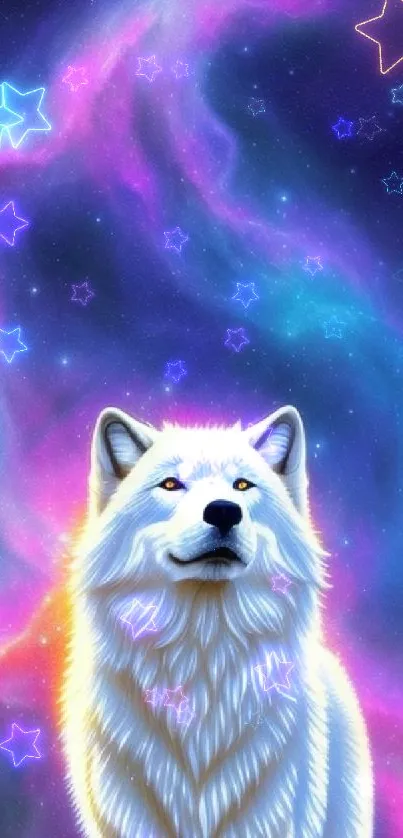 Majestic white wolf with cosmic nebula backdrop.