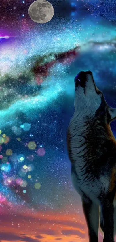 Wolf howling under a vibrant, starry galaxy sky.