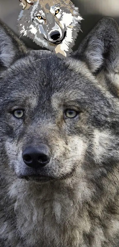 Majestic gray wolf portrait in nature-themed mobile wallpaper.