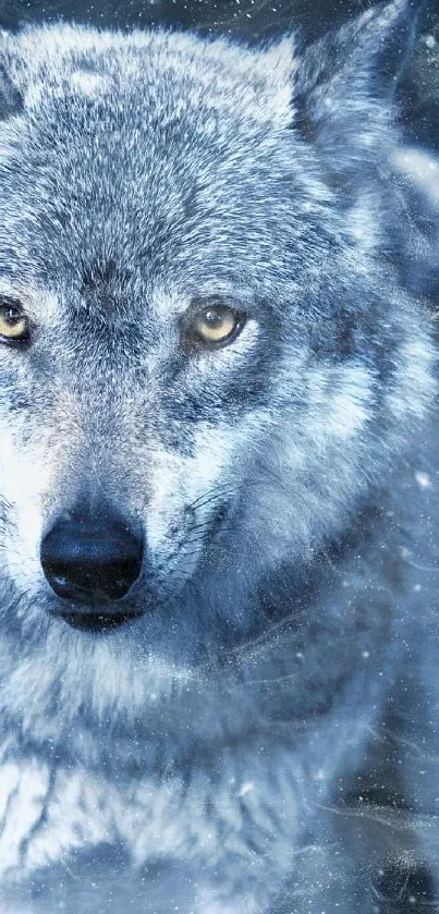 Majestic wolf with icy blue tonal background for smartphone.