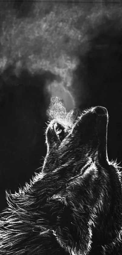 Black and white wolf howling in moonlit scene.