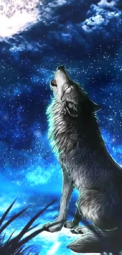 Wolf howling at moon in blue night sky wallpaper.