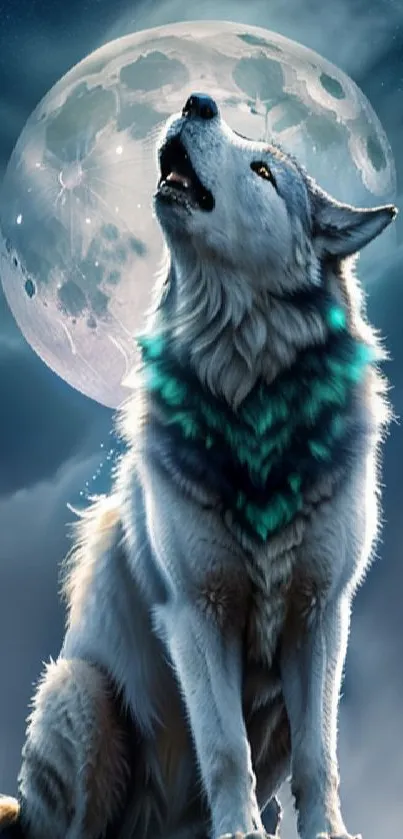 Majestic wolf howling at the full moon under a starry sky.