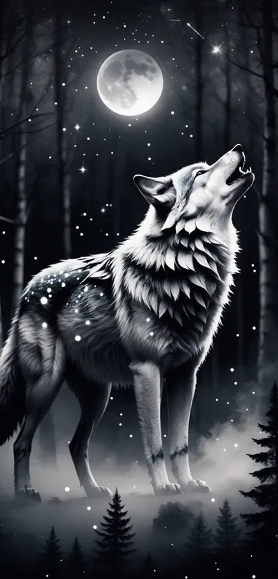 Majestic wolf howling at the moon in a dark, moonlit forest scene.